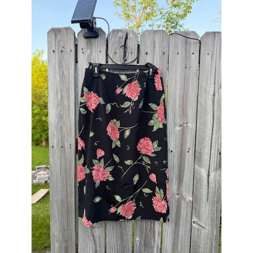 Possessed Vintage Black Pink Rose‎ Floral Midi Skirt Size 9 F434342